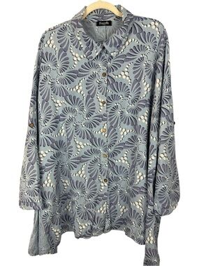 Froccella Italy Linen Cotton Blend Roll Tab Sleeve Abstract Print Tunic Shirt OS